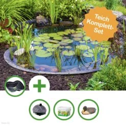 HEISSNER TEICH SET - MITTLERER FERTIGTEICH - 500 LITER BECKEN MIT PUMPE, ZEOLITH UND DEKOENTE