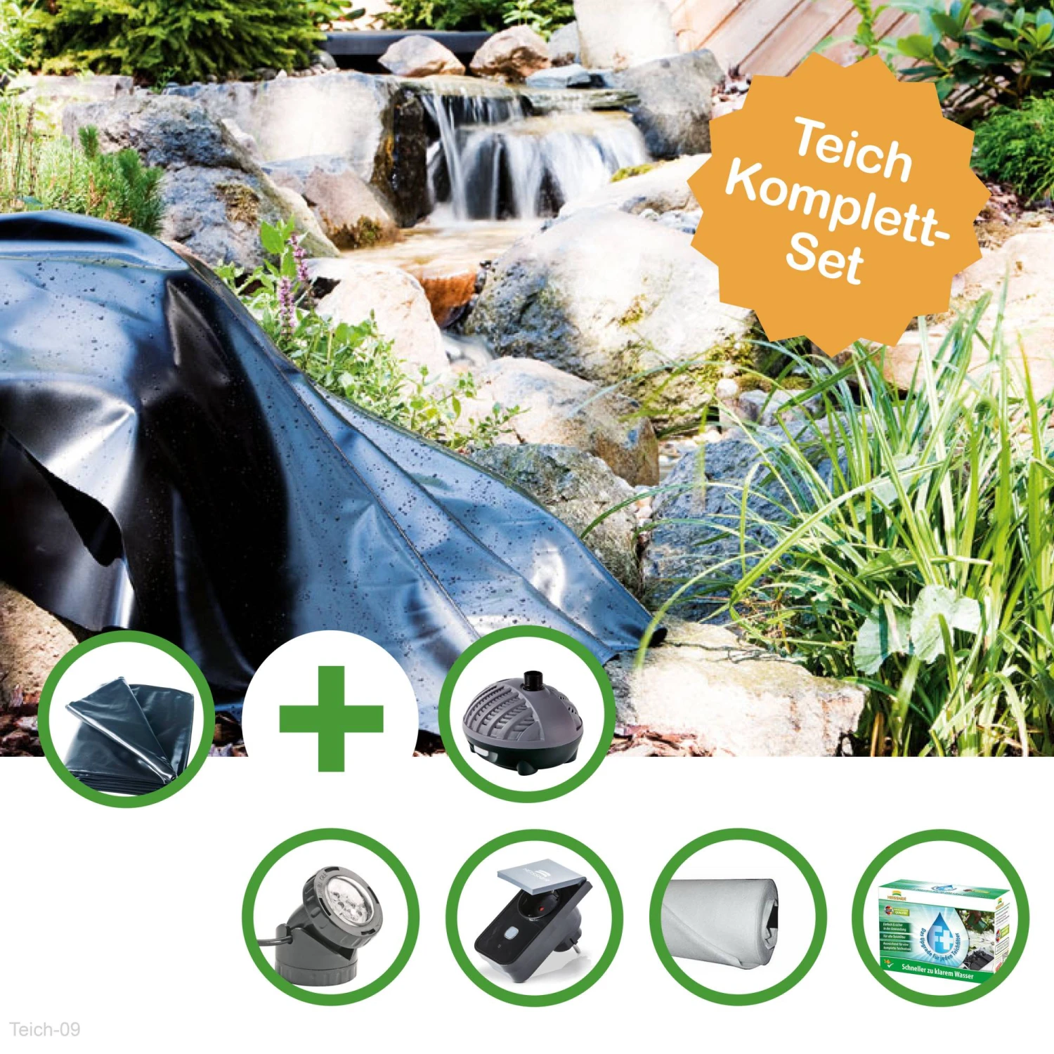 HEISSNER TEICH SET "ELBE" - KLEINER FOLIENTEICH - TEICHFOLIE 16 QM MIT VLIES, DURCHLAUFFILTER, UNTERWASSER LED SPOT UND SMART PLUG