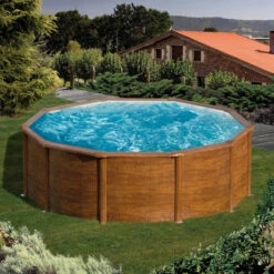 Stahlwandpool Rund Classic 460x120 Cm, Stahl 0,45 Mm Holzoptik, Folie 0,3 Mm Blau, Overlap