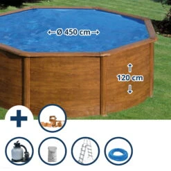 GRE Stahlwandpool Set (5-teilig) Hoch Rund 460 X 120 Cm, Stahl 0,4 Mm Holzoptik Folie 0,3 Mm Blau